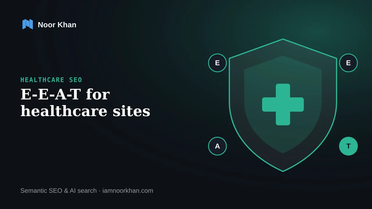 Illustration of Trust at the center of E-E-A-T, surrounded by Experience, Expertise and Authoritativeness, cover of Noor Khan's healthcare E-E-A-T checklist