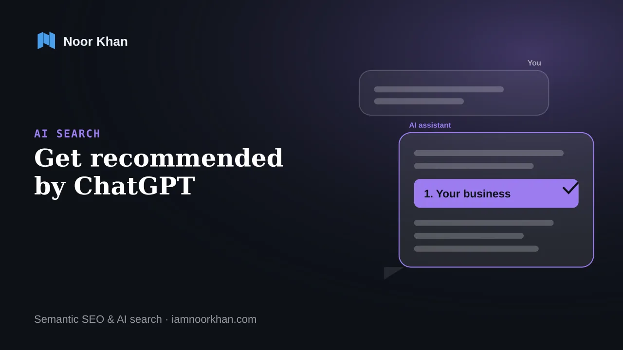 Illustration of a buyer's question flowing through an AI assistant that searches the web, checks reviews and mentions, and names a shortlist of businesses, cover of Noor Khan's ChatGPT recommendations guide