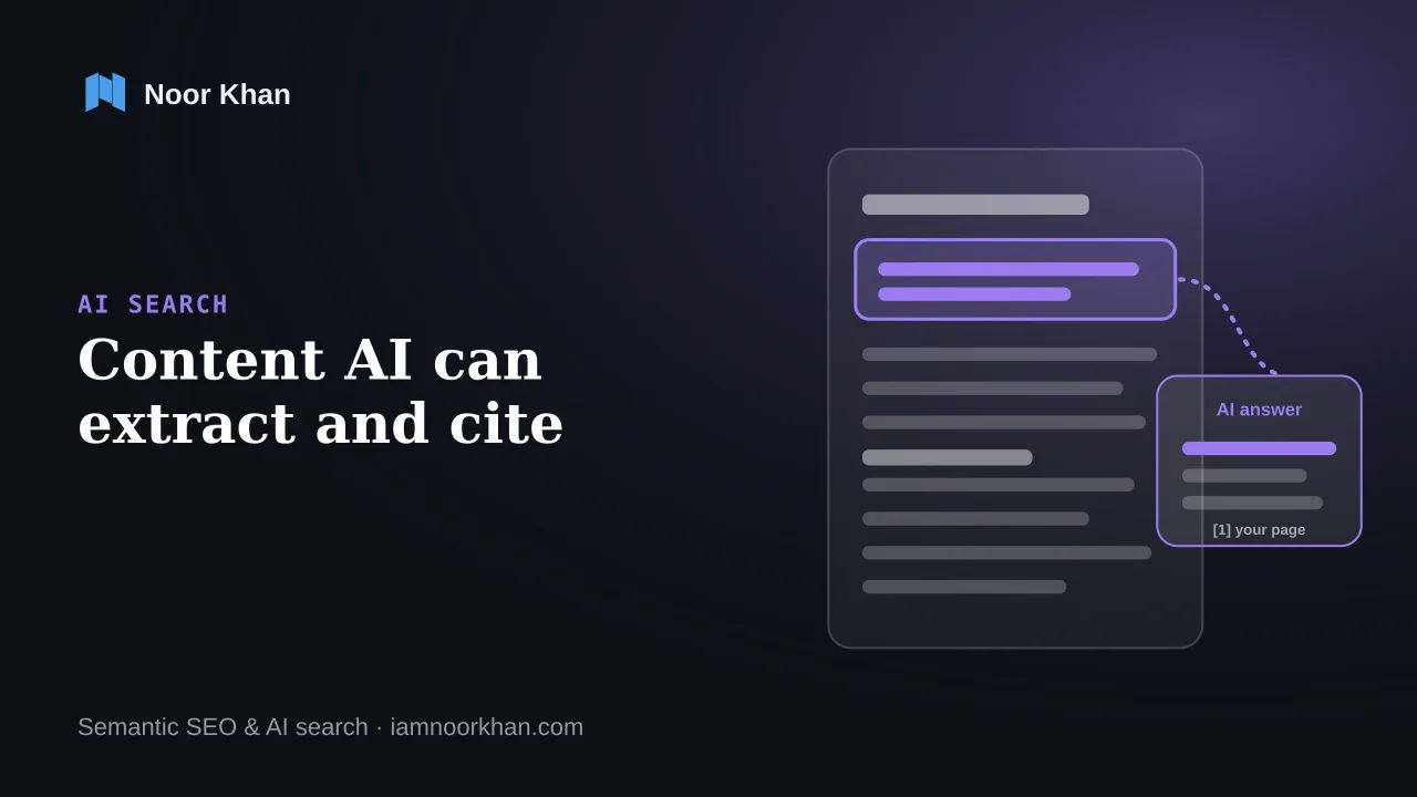 Illustration of a web page split into self-contained answer sections, with one section lifted into an AI answer as a citation, cover of Noor Khan's guide to structuring content for AI search
