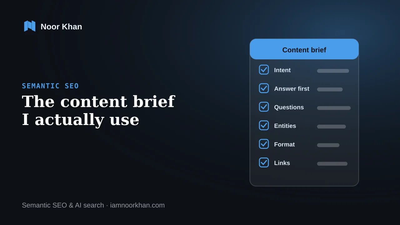 Illustration of a semantic content brief with sections for intent, entities, information gain, outline and internal links, cover of Noor Khan's content brief template