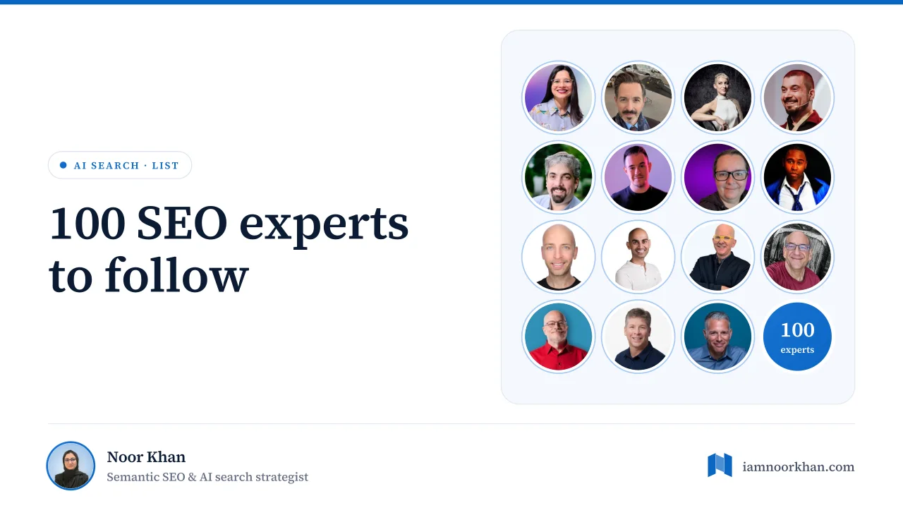 Illustration of SEO expert profile cards grouped by specialty, cover of Noor Khan's list of the top 100 SEO experts in the world